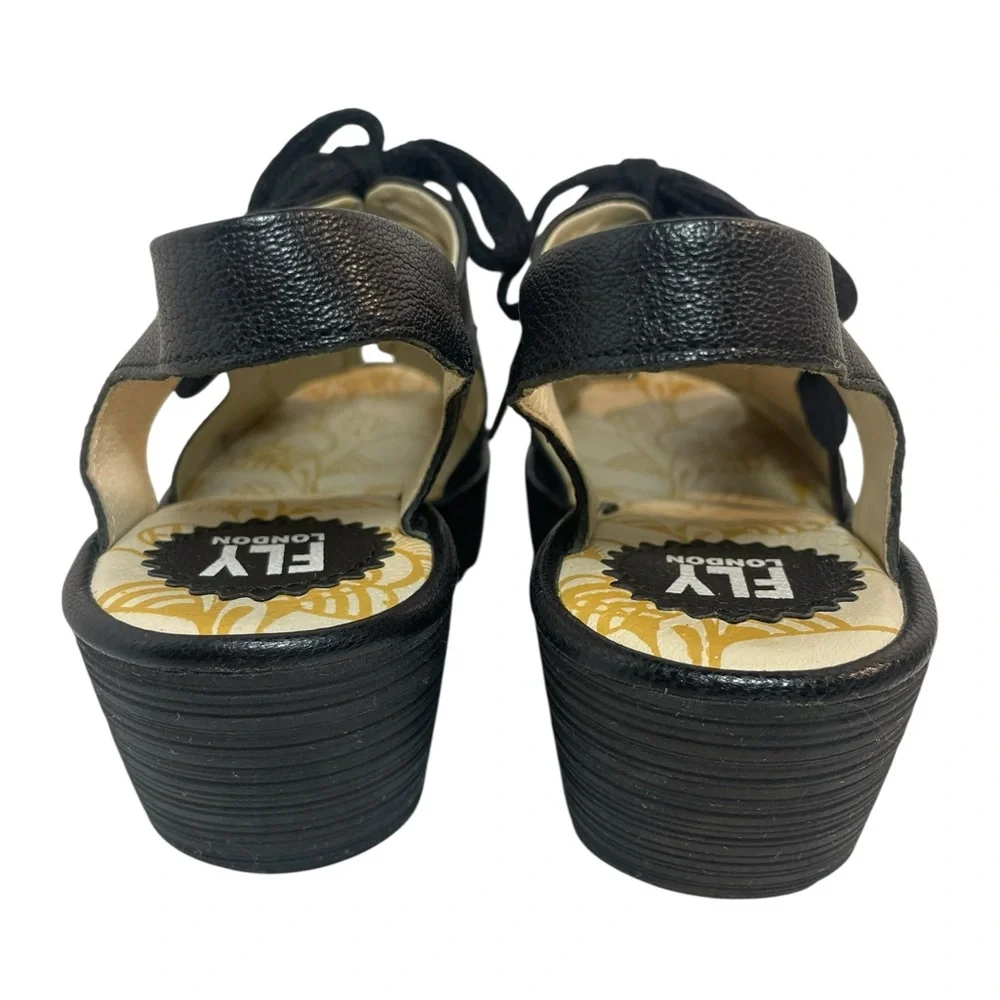 FLY London Ylfa Black Lace-Up Leather Wedge Sandals Women’s Size EUR 39 US 8-8.5